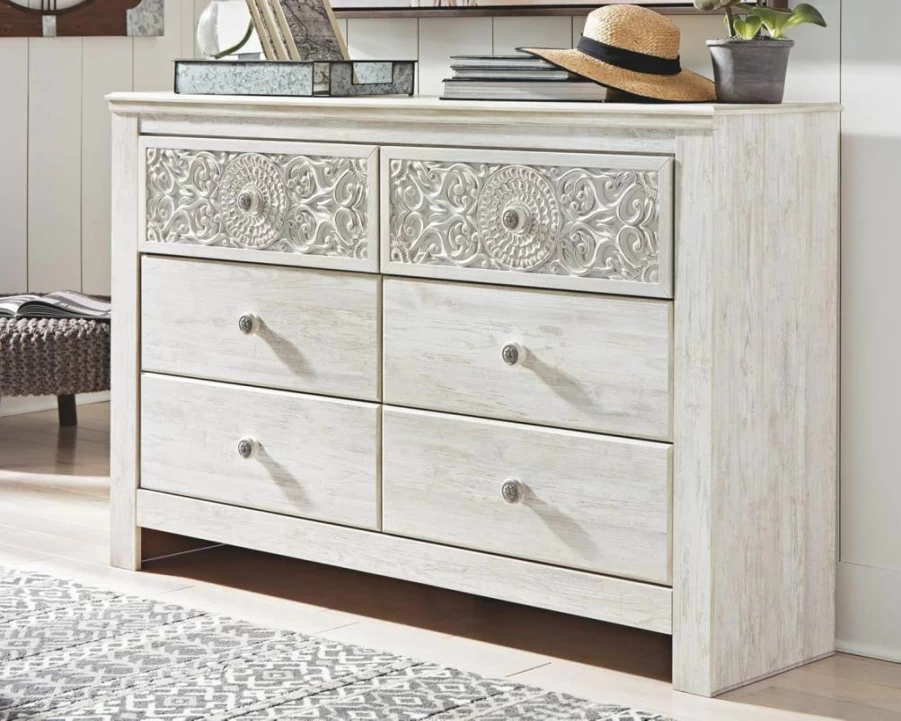 Signature Design by Ashley Paxberry Boho Whitewash 6-Drawer Dresser - Bohemian Style Chest of Drawers