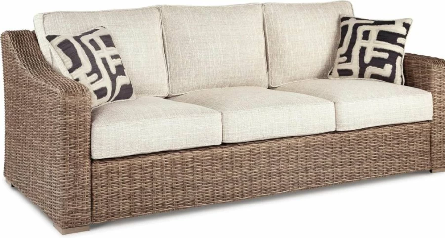 Signature Design by Ashley Beachcroft Outdoor Loveseat - Weather-Resistant Resin Wicker with Cushion & Pillows, Dark Brown & Beige Patio Furniture