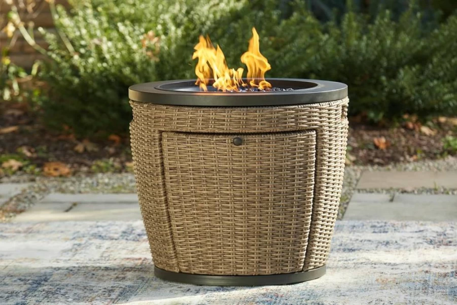 Signature Design by Ashley Malayah Brown Outdoor Gas Fire Pit Table - Weather-Resistant Resin Wicker Patio Heater