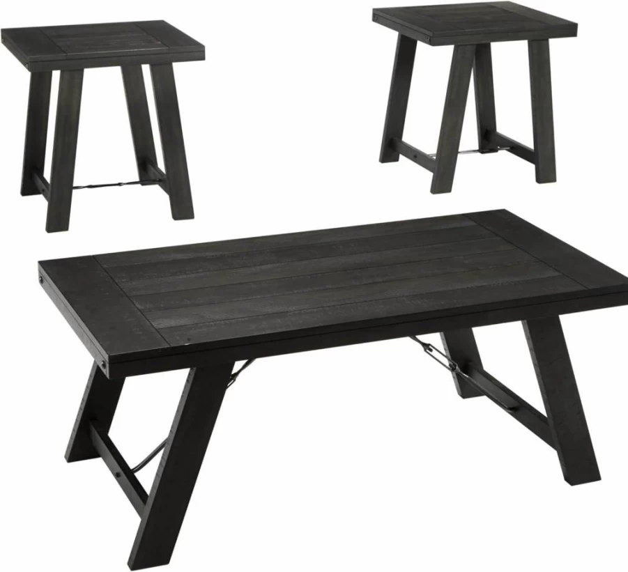 Signature Design by Ashley Noorbrook 3-Piece Farmhouse Table Set - Black Coffee Table & 2 End Tables, Rustic Living Room Furniture