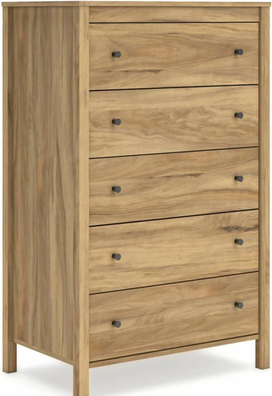 Signature Design by Ashley Cabinella 5-Drawer Tall Dresser in Tan Finish - Modern Chest of Drawers for Bedroom Storage