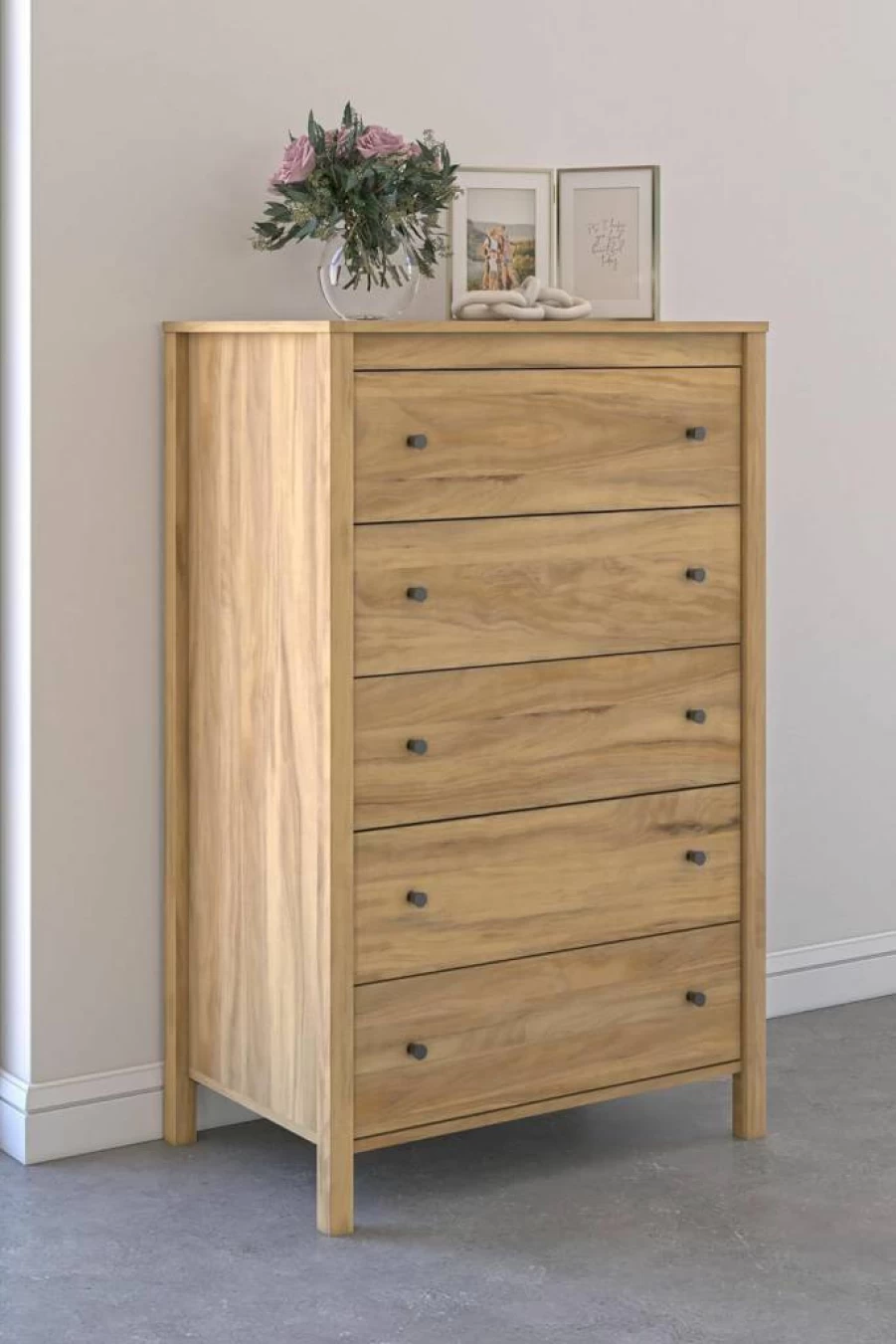 Signature Design by Ashley Cabinella 5-Drawer Tall Dresser in Tan Finish - Modern Chest of Drawers for Bedroom Storage