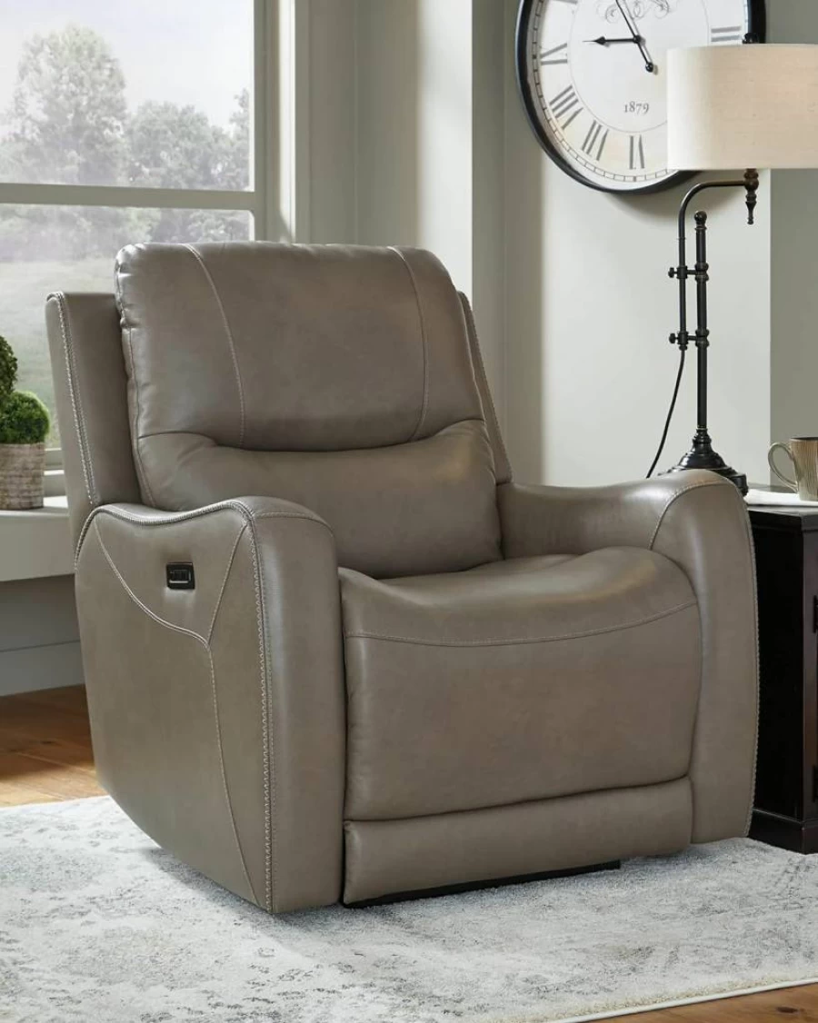 Signature Design by Ashley Galahad Power Recliner with Zero Wall Technology & Adjustable Headrest, Brown Leather Living Room Chair