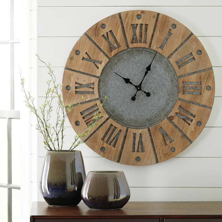 Signature Design by Ashley Payson 30x30 Inch Farmhouse Wall Clock in Natural Wood Finish, Rustic Decor