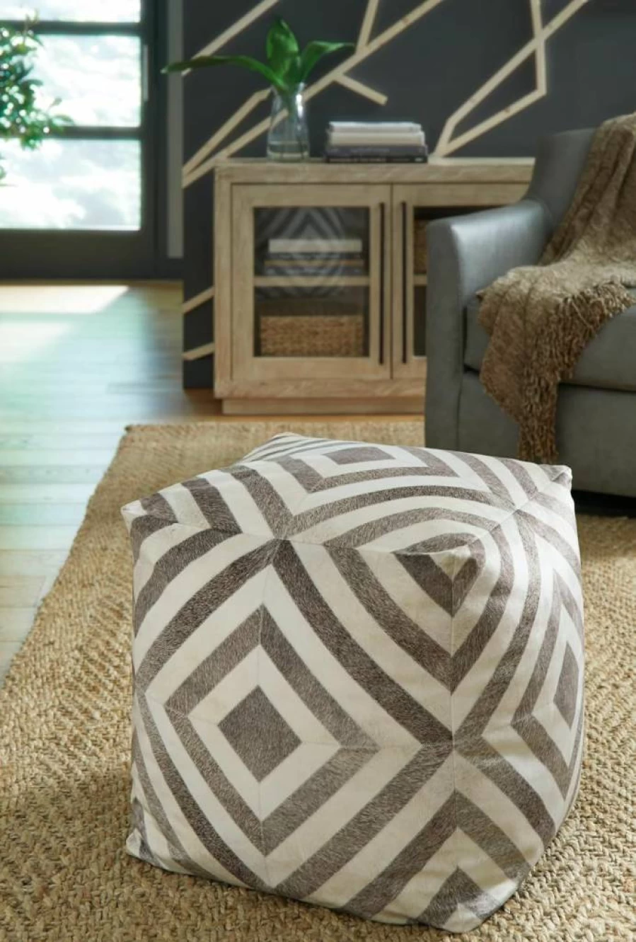 Signature Design by Ashley Hartselle 18" Geometric Pouf Ottoman in Beige & Light Brown - Casual Home Decor Footstool