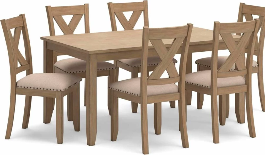 Signature Design by Ashley Sanbriar 7-Piece Dining Set with Light Brown Table & Beige Upholstered Chairs, Nailhead Trim Casual Dining Room Furniture