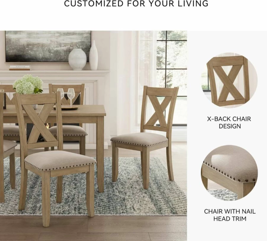 Signature Design by Ashley Sanbriar 7-Piece Dining Set with Light Brown Table & Beige Upholstered Chairs, Nailhead Trim Casual Dining Room Furniture