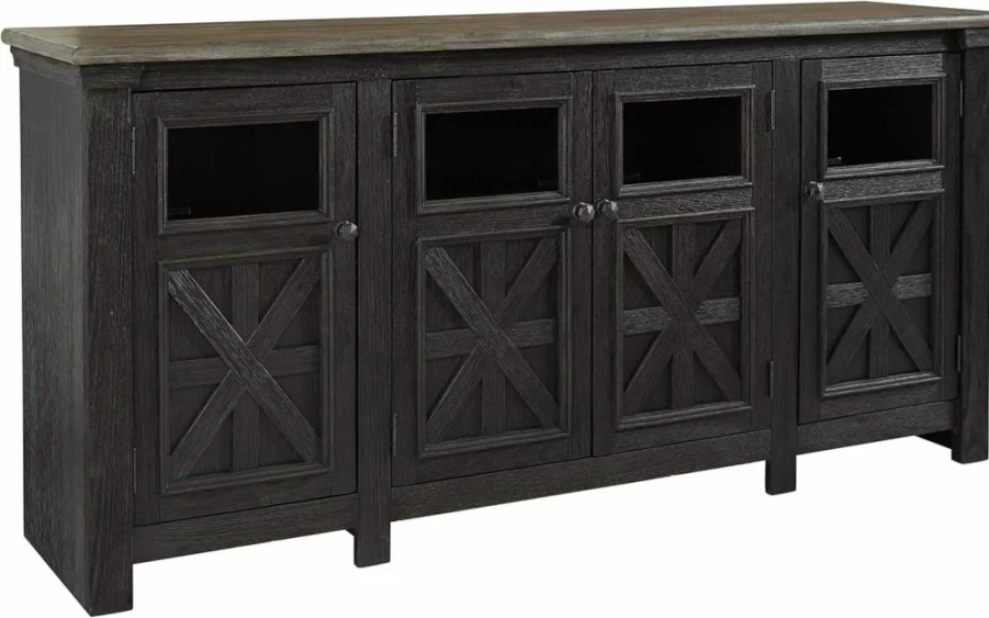 Signature Design by Ashley Tyler Creek 72" Farmhouse TV Stand with 4 Glass Doors & 3 Adjustable Shelves, Dark Gray Entertainment Center for Living Room