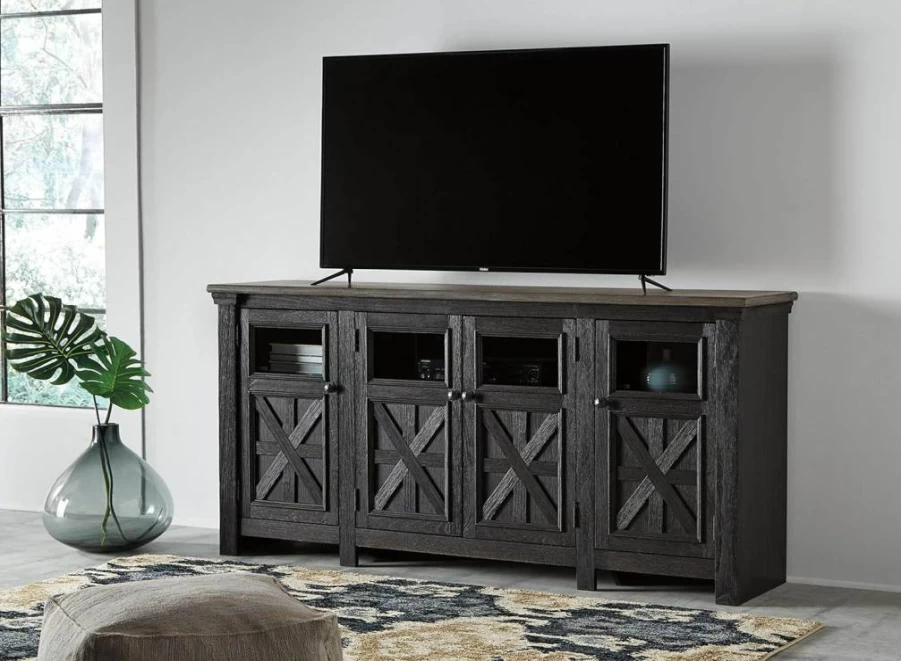 Signature Design by Ashley Tyler Creek 72" Farmhouse TV Stand with 4 Glass Doors & 3 Adjustable Shelves, Dark Gray Entertainment Center for Living Room