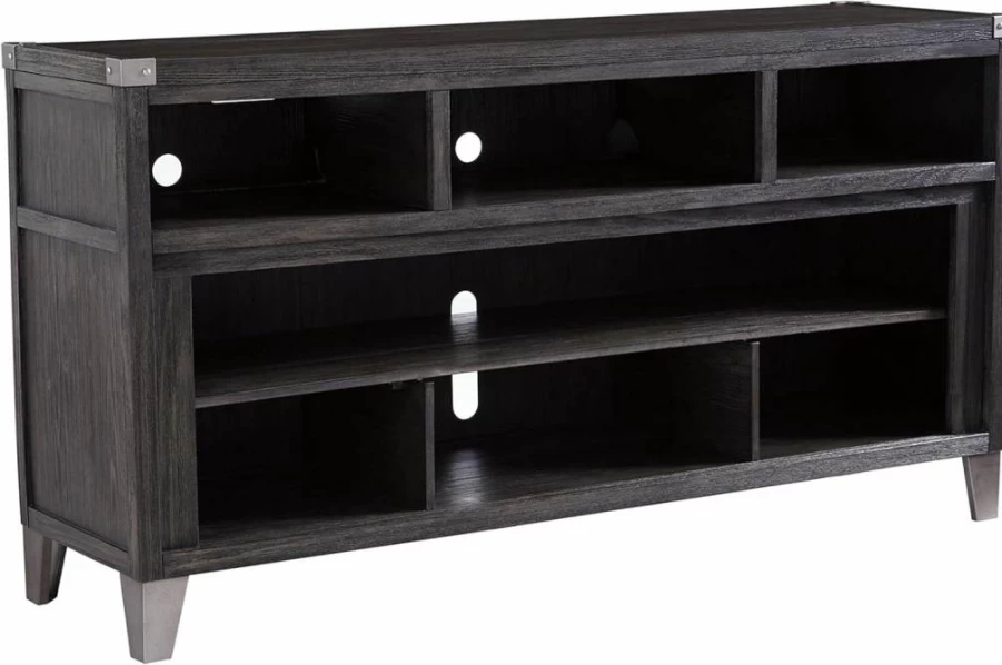 Signature Design by Ashley Todoe Industrial TV Stand with Fireplace, 65 Inch Media Console with 6 Storage Cubbies, Gray Entertainment Center