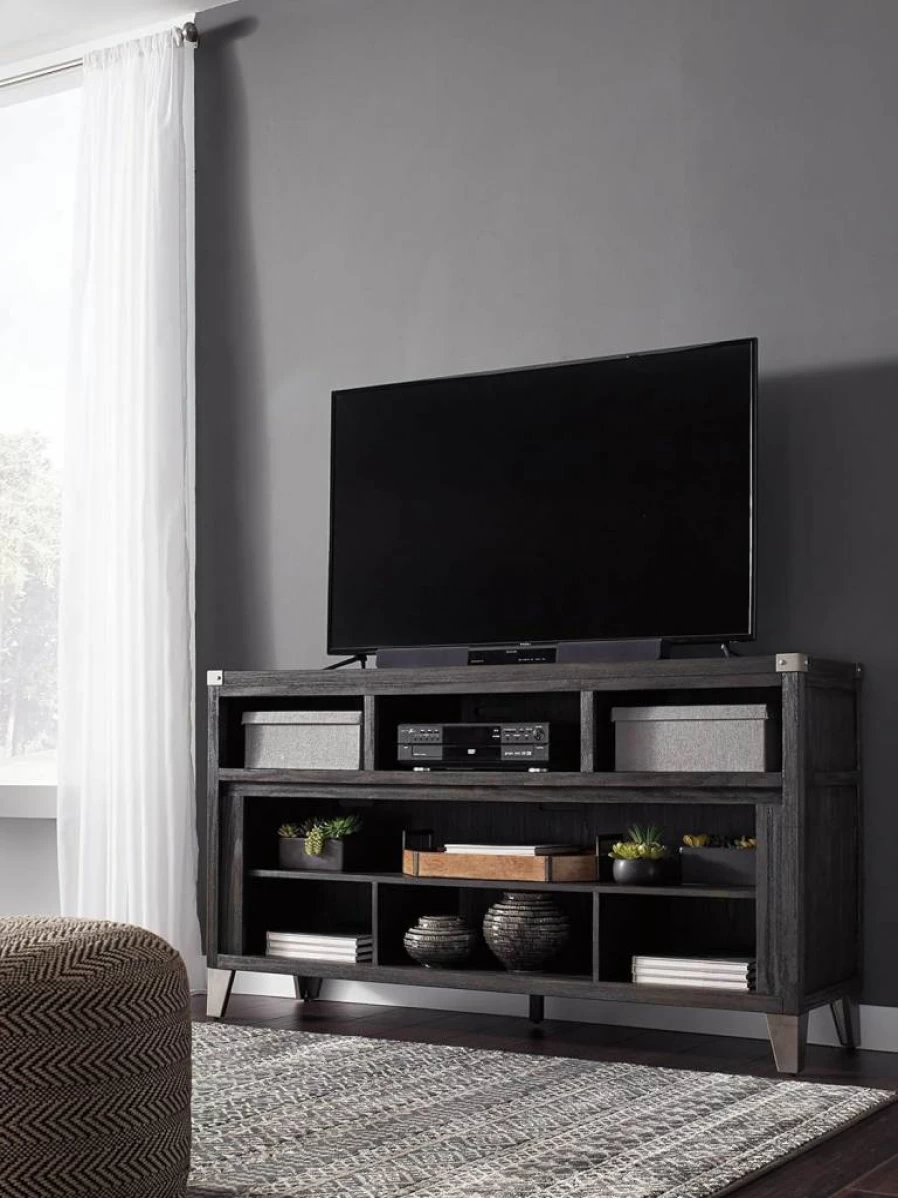 Signature Design by Ashley Todoe Industrial TV Stand with Fireplace, 65 Inch Media Console with 6 Storage Cubbies, Gray Entertainment Center