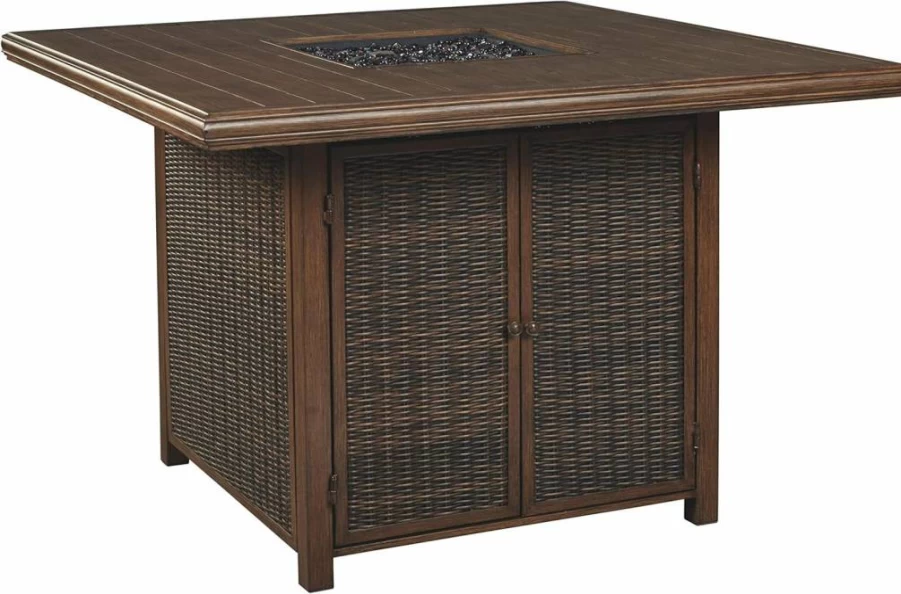 Signature Design by Ashley Paradise Trail Square Bar Table with Fire Pit - Medium Brown Wood Outdoor Dining Set for Patio & Backyard
