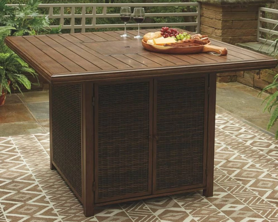 Signature Design by Ashley Paradise Trail Square Bar Table with Fire Pit - Medium Brown Wood Outdoor Dining Set for Patio & Backyard