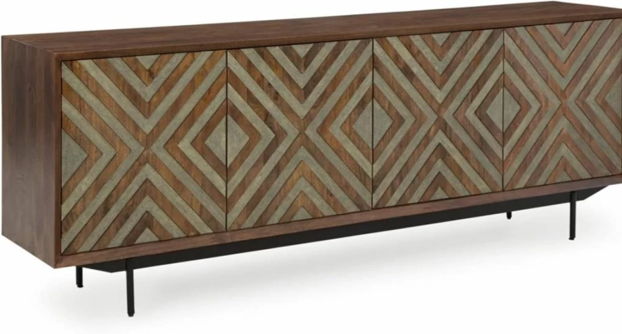 Signature Design by Ashley Dreggan 4-Door Accent Cabinet - Dark Brown & Gray Diamond Pattern, 2 Shelves, Cord Management, Casual Style