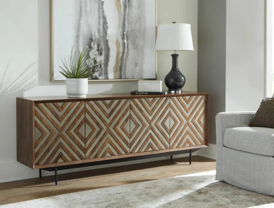 Signature Design by Ashley Dreggan 4-Door Accent Cabinet - Dark Brown & Gray Diamond Pattern, 2 Shelves, Cord Management, Casual Style