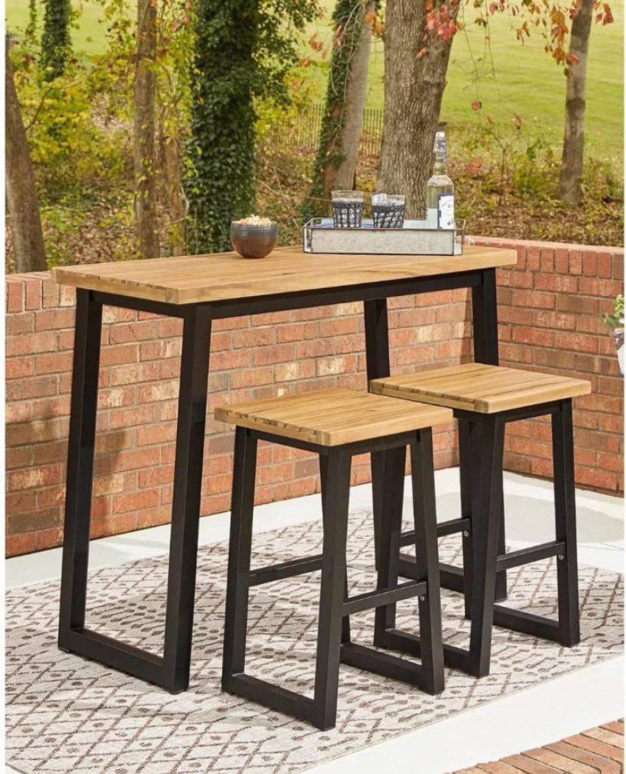 Signature Design by Ashley Town Wood Outdoor 3-Piece Patio Set with Counter-Height Table and 2 Benches in Brown & Black