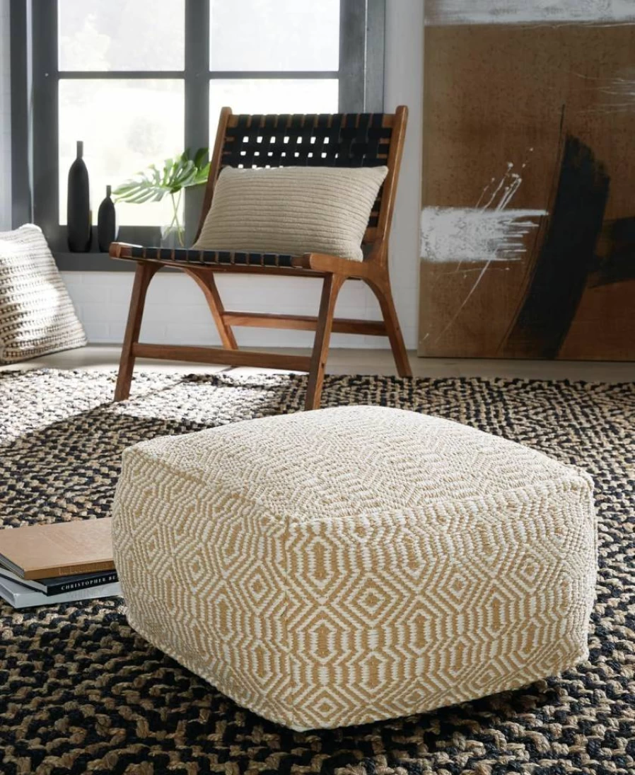 Signature Design by Ashley Brynnsen Handwoven Geometric Pouf Ottoman, Green and White Casual Boho Decor