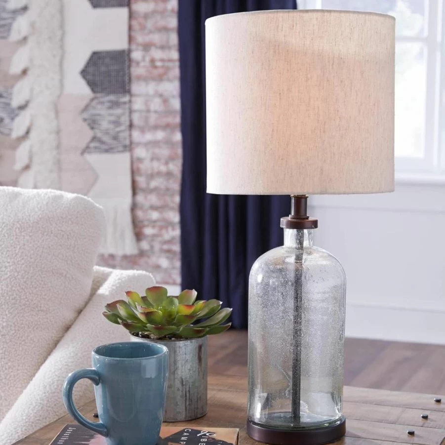 Signature Design by Ashley Bandile 22.5" Modern Farmhouse Table Lamp with Seeded Glass Shade in Bronze Finish