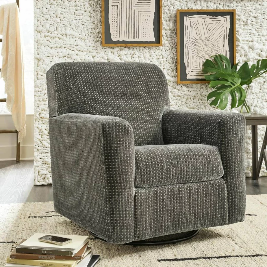 Signature Design by Ashley Herstow Swivel Glider Accent Chair with Polka Dot Upholstery in White & Beige, Comfortable Casual Living Room Seating