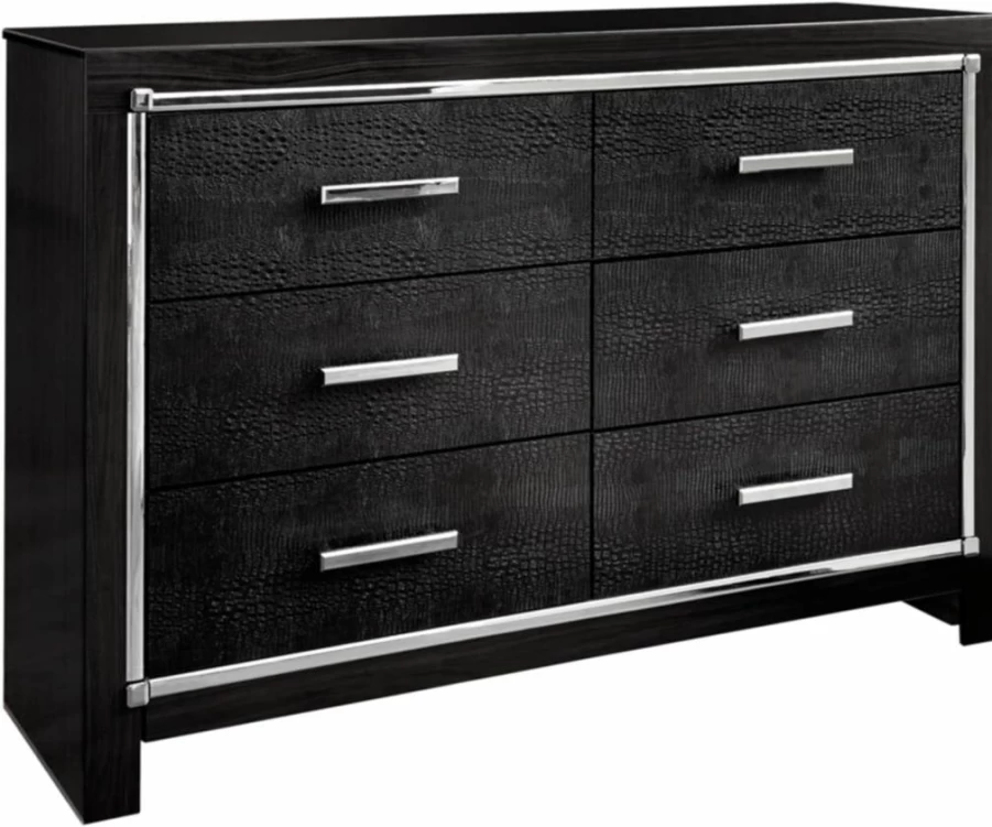 Signature Design by Ashley Kaydell Glam 6-Drawer Dresser - Black Faux Alligator Panels, Chrome Accents, Modern Bedroom Furniture