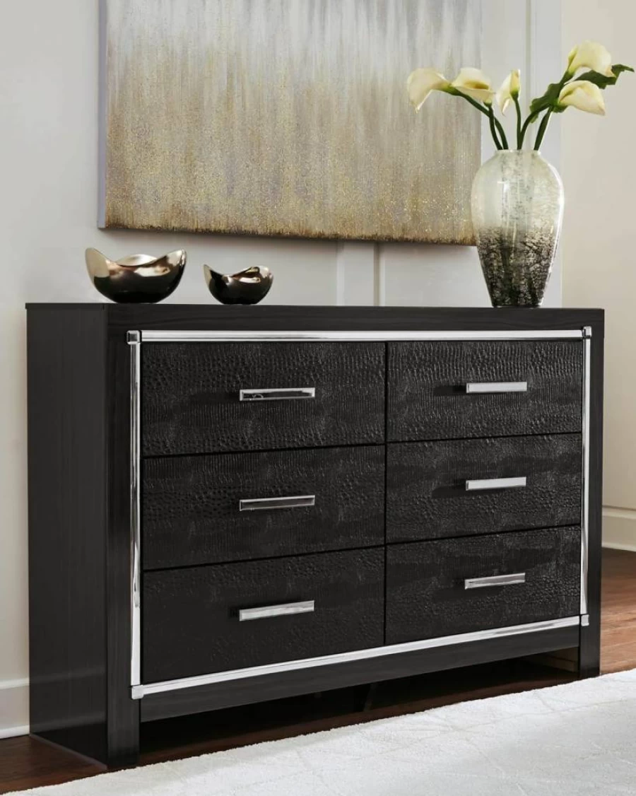 Signature Design by Ashley Kaydell Glam 6-Drawer Dresser - Black Faux Alligator Panels, Chrome Accents, Modern Bedroom Furniture