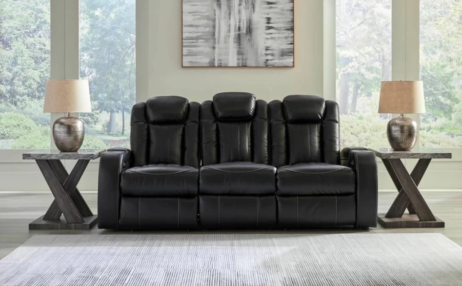 Signature Design by Ashley Gray Modern Faux Leather Power Reclining Sofa with Adjustable Headrest – Next-Gen Durapella Comfort