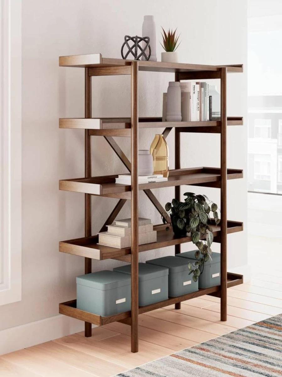 Signature Design by Ashley Lyncott 70" Mid-Century Modern 5-Tier Bookcase - Freestanding Etagere Shelf in Light Brown