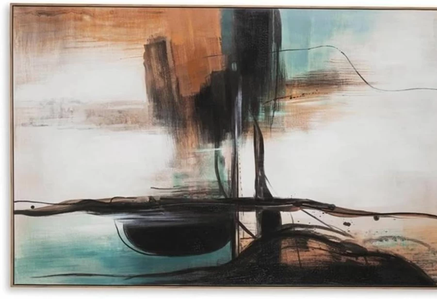 Signature Design by Ashley Brunonia Modern Framed Canvas Wall Art 47x71 Inches - Green, Orange & Black Abstract Painting Large Contemporary Home Decor