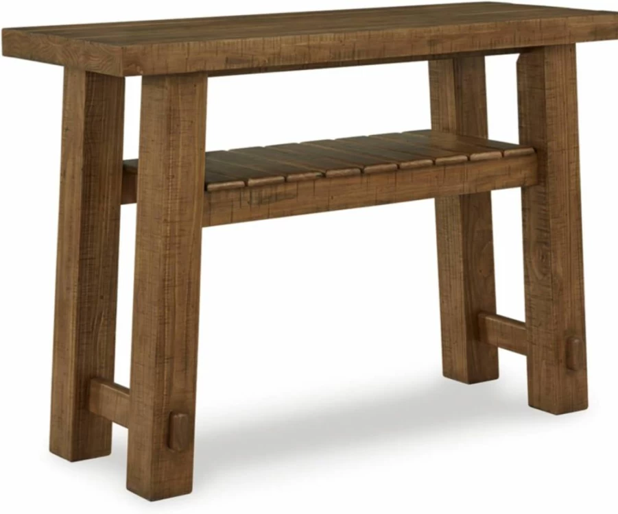 Signature Design by Ashley Mackifeld Farmhouse Sofa Table - Light Brown Distressed Finish, Slatted Shelf, Post and Beam Construction