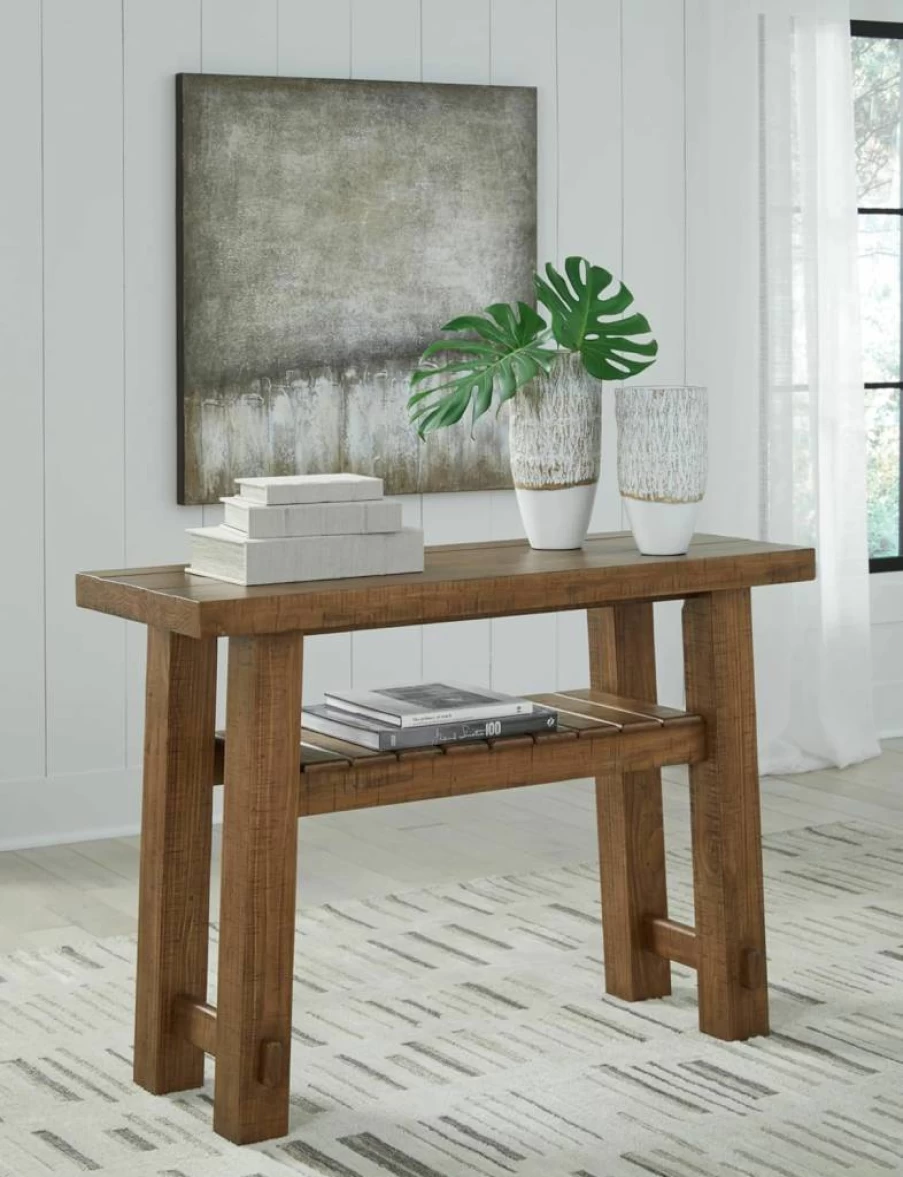 Signature Design by Ashley Mackifeld Farmhouse Sofa Table - Light Brown Distressed Finish, Slatted Shelf, Post and Beam Construction