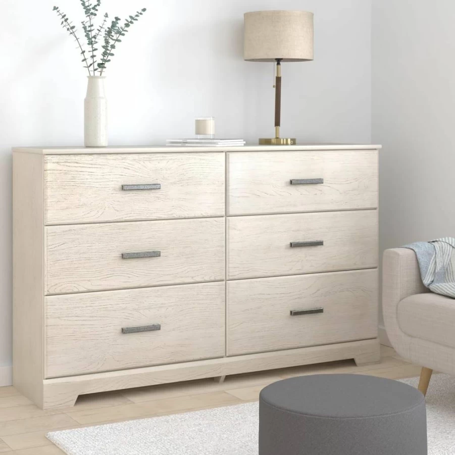 Signature Design by Ashley Stelsie 6-Drawer Dresser - Modern Scandinavian Whitewash Chest of Drawers for Bedroom Storage