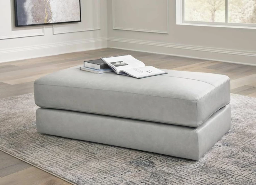 Signature Design by Ashley Amiata Modern Light Gray Leather Match Oversized Accent Ottoman with Non-Skid Legs, Contemporary Rectangular Upholstered Stool