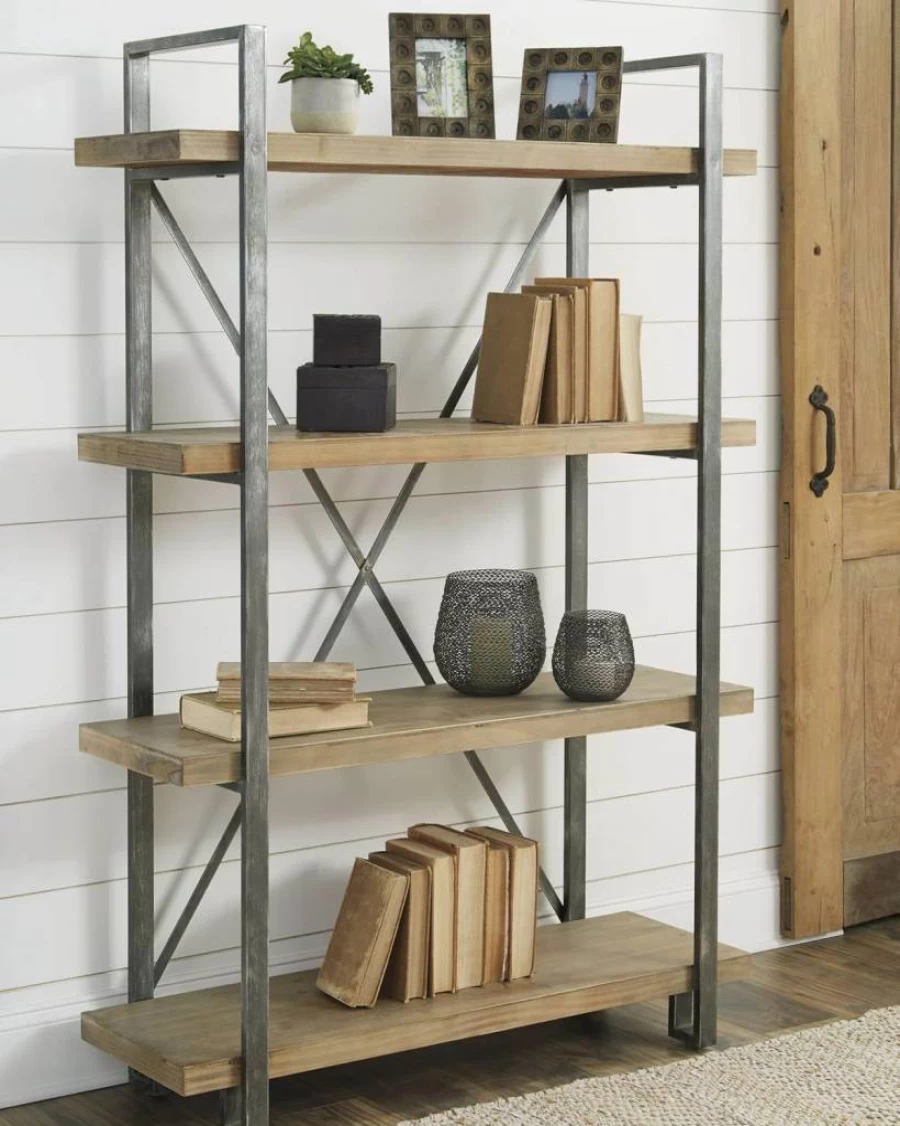 Signature Design by Ashley Gilesgrove Industrial Gray Bookcase - 4-Shelf Storage Unit, Mixed Media Design