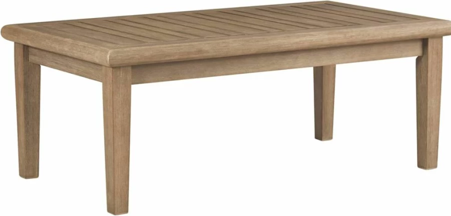 Signature Design by Ashley Gerianne Outdoor Coffee Table with Eucalyptus Wood Slat Top, Beige Rectangular Patio Furniture