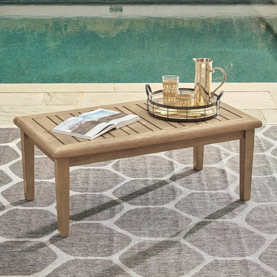 Signature Design by Ashley Gerianne Outdoor Coffee Table with Eucalyptus Wood Slat Top, Beige Rectangular Patio Furniture