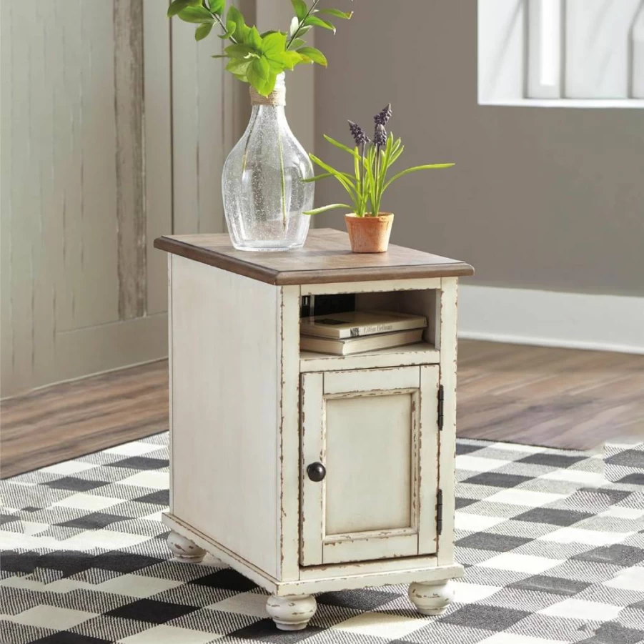 Signature Design by Ashley Realyn French Country End Table with USB Ports & Outlets, Cream Side Table for Living Room