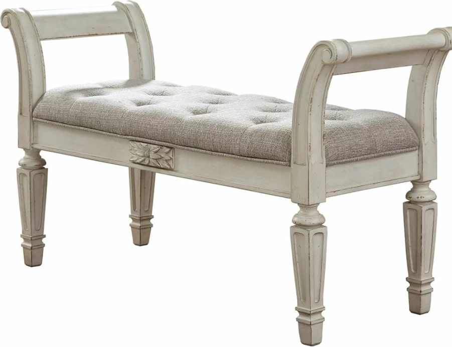 Signature Design by Ashley Realyn French Country Tufted Accent Bench in Antique White - Upholstered Entryway Seating