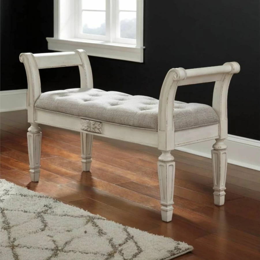 Signature Design by Ashley Realyn French Country Tufted Accent Bench in Antique White - Upholstered Entryway Seating