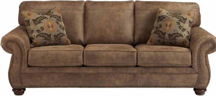 Signature Design by Ashley Larkinhurst Queen Sleeper Sofa in Brown Faux Leather with Nailhead Trim & 2 Decorative Pillows