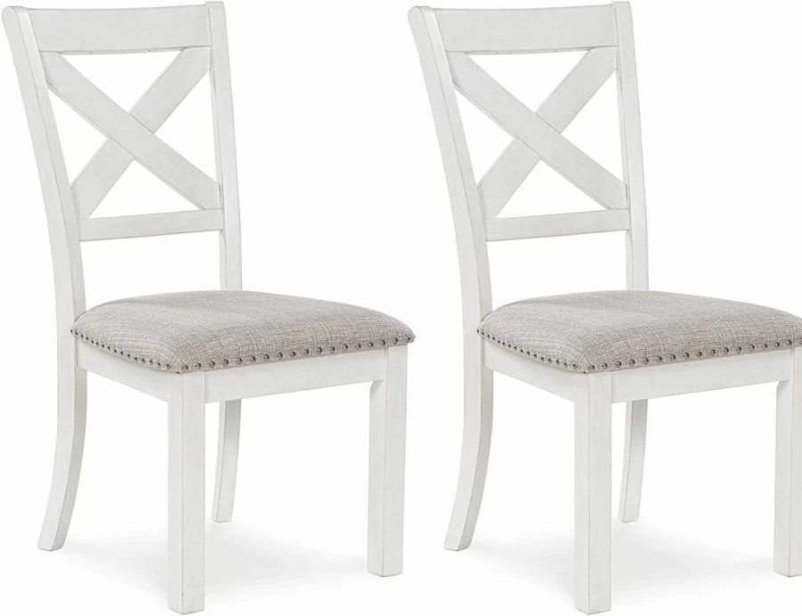 Signature Design by Ashley Robbinsdale 2-Piece White & Light Gray Upholstered Dining Chairs with Solid Wood Frame and Nailhead Trim