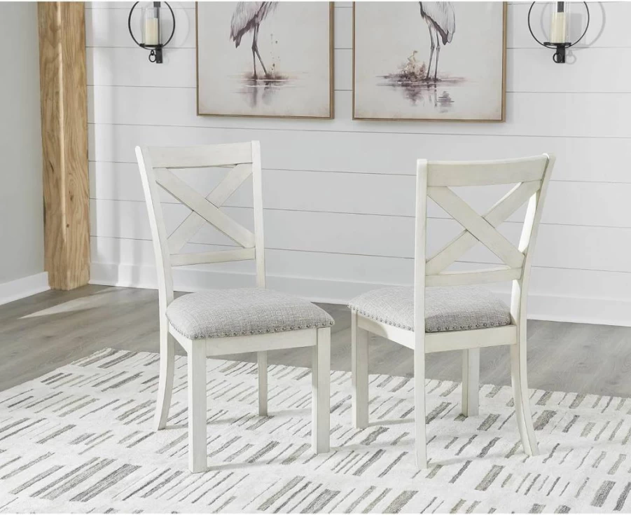 Signature Design by Ashley Robbinsdale 2-Piece White & Light Gray Upholstered Dining Chairs with Solid Wood Frame and Nailhead Trim