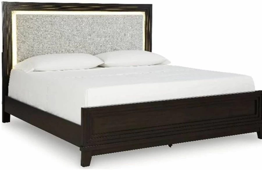 Signature Design by Ashley Neymorton Modern LED Headboard with USB Ports - Stain-Resistant Upholstered Panel Design, King/Cal King, Light Gray & Dark Brown