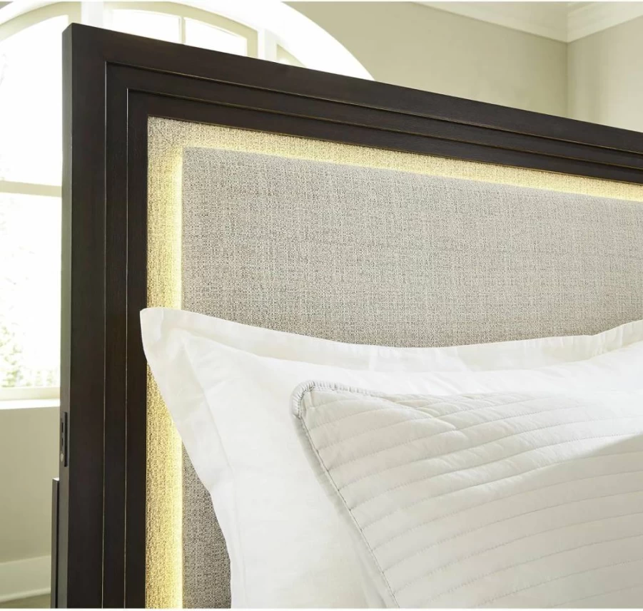 Signature Design by Ashley Neymorton Modern LED Headboard with USB Ports - Stain-Resistant Upholstered Panel Design, King/Cal King, Light Gray & Dark Brown