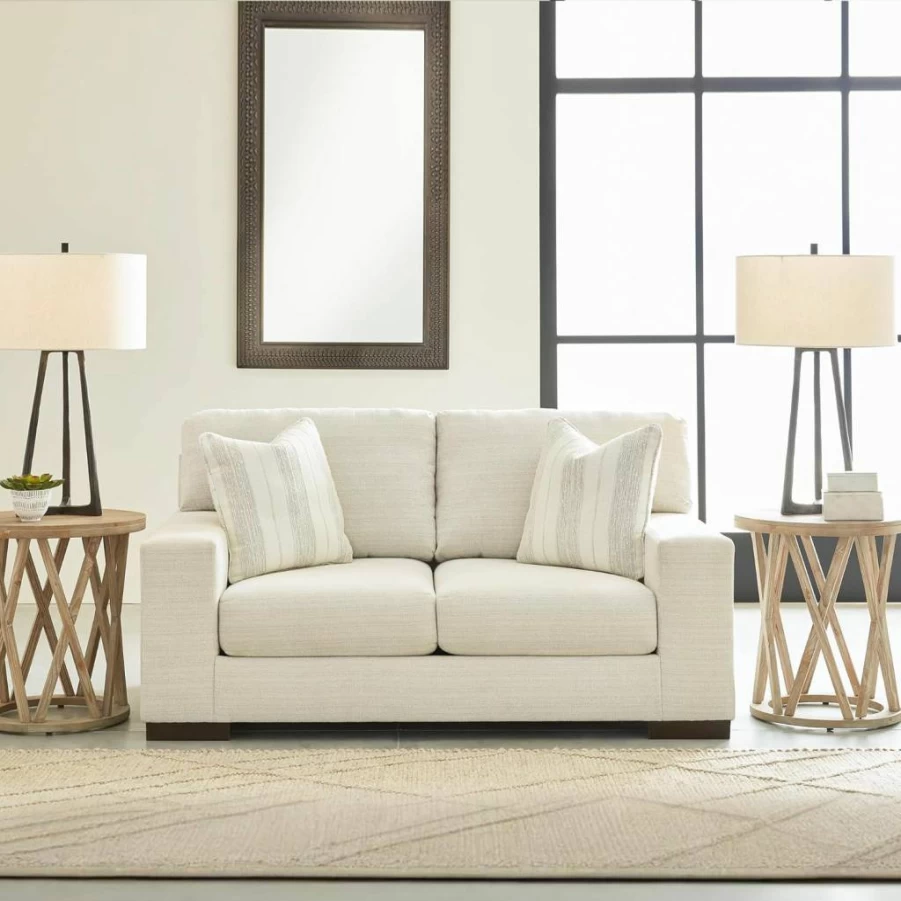 Signature Design by Ashley Maggie Contemporary Off-White Upholstered Loveseat with Accent Pillows