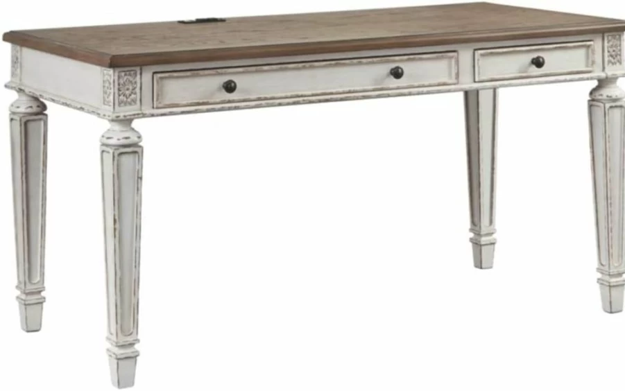 Signature Design by Ashley Realyn 60" Farmhouse Office Desk with USB Charging in Chipped White - Rustic Home Workspace