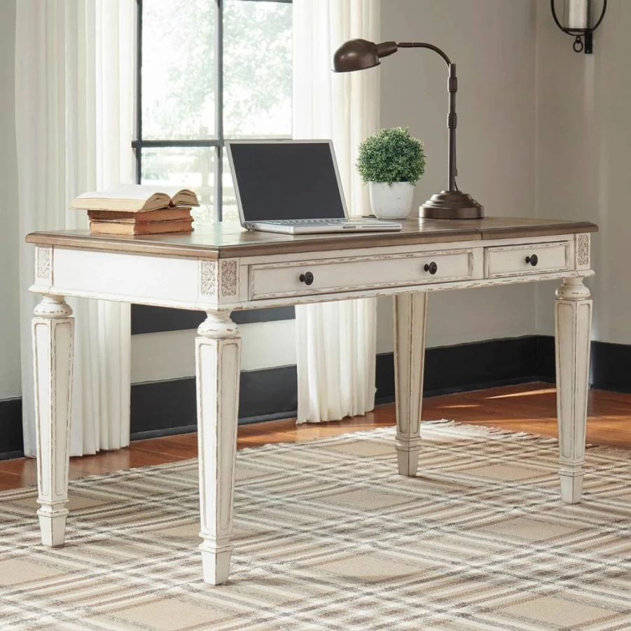 Signature Design by Ashley Realyn 60" Farmhouse Office Desk with USB Charging in Chipped White - Rustic Home Workspace