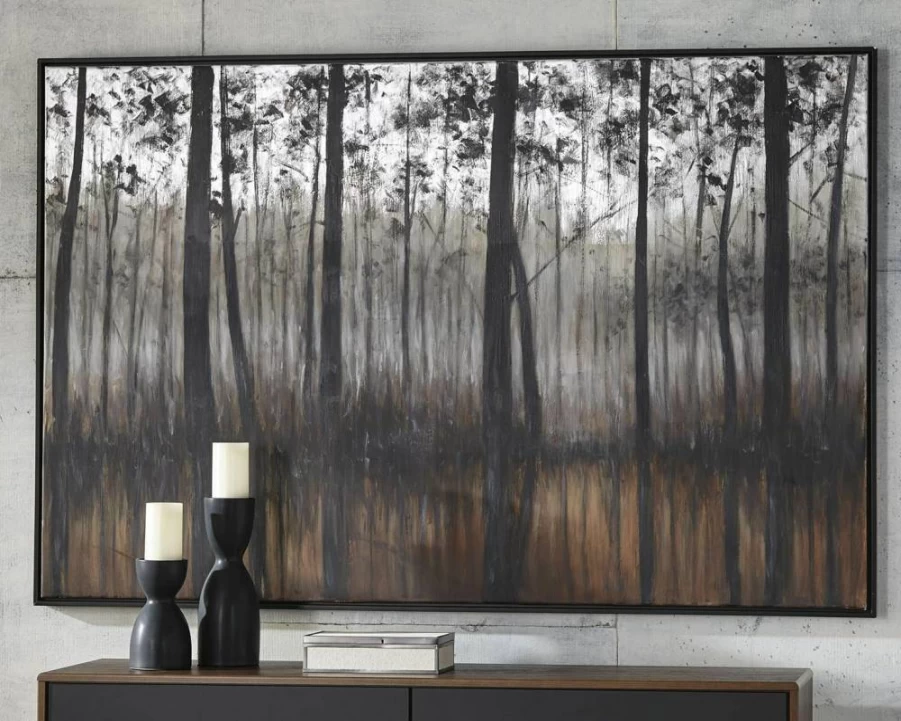 Signature Design by Ashley Philyra Dreary Forest Canvas Wall Art - 72x48 Inches, Black Orange Silver Modern Painting