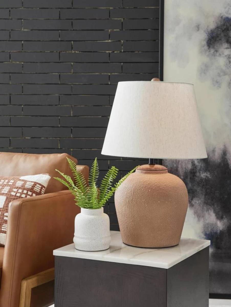 Signature Design by Ashley Scantor Industrial Textured Metal Table Lamp - 3-Way Switch, Light Brown, Rustic Home Office Lighting