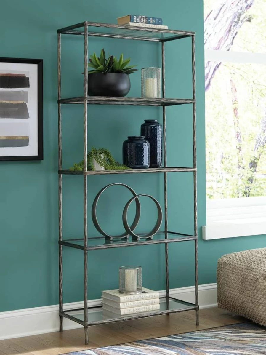 Signature Design by Ashley Ryandale 5 Shelf Bookcase - Modern Antique Brass Finish Book Shelf, Stylish Home Office Storage Solution