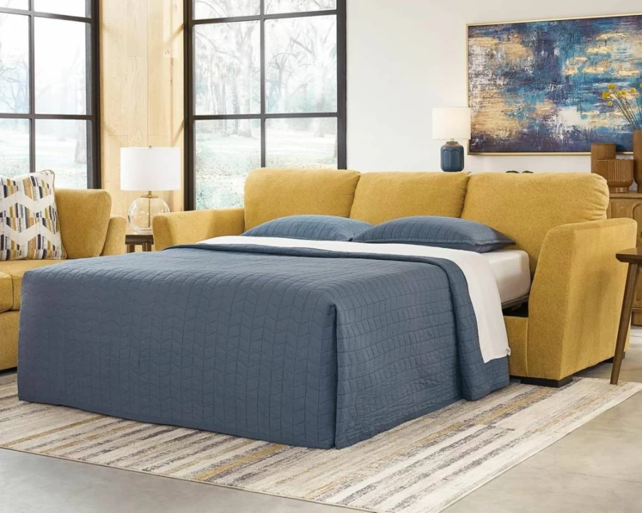 Signature Design by Ashley Keerwick Queen Sleeper Sofa with Memory Foam Mattress, 2-in-1 Convertible, Includes 4 Pillows, Yellow Scandinavian Design